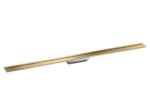 Wand- oder Boden-installierbare Duschrinne in gebürsteter Goldoptik, entworfen von AXOR. Schlichte, längliche Form mit zwei langen Rinnenöffnungen zur Wasserableitung.